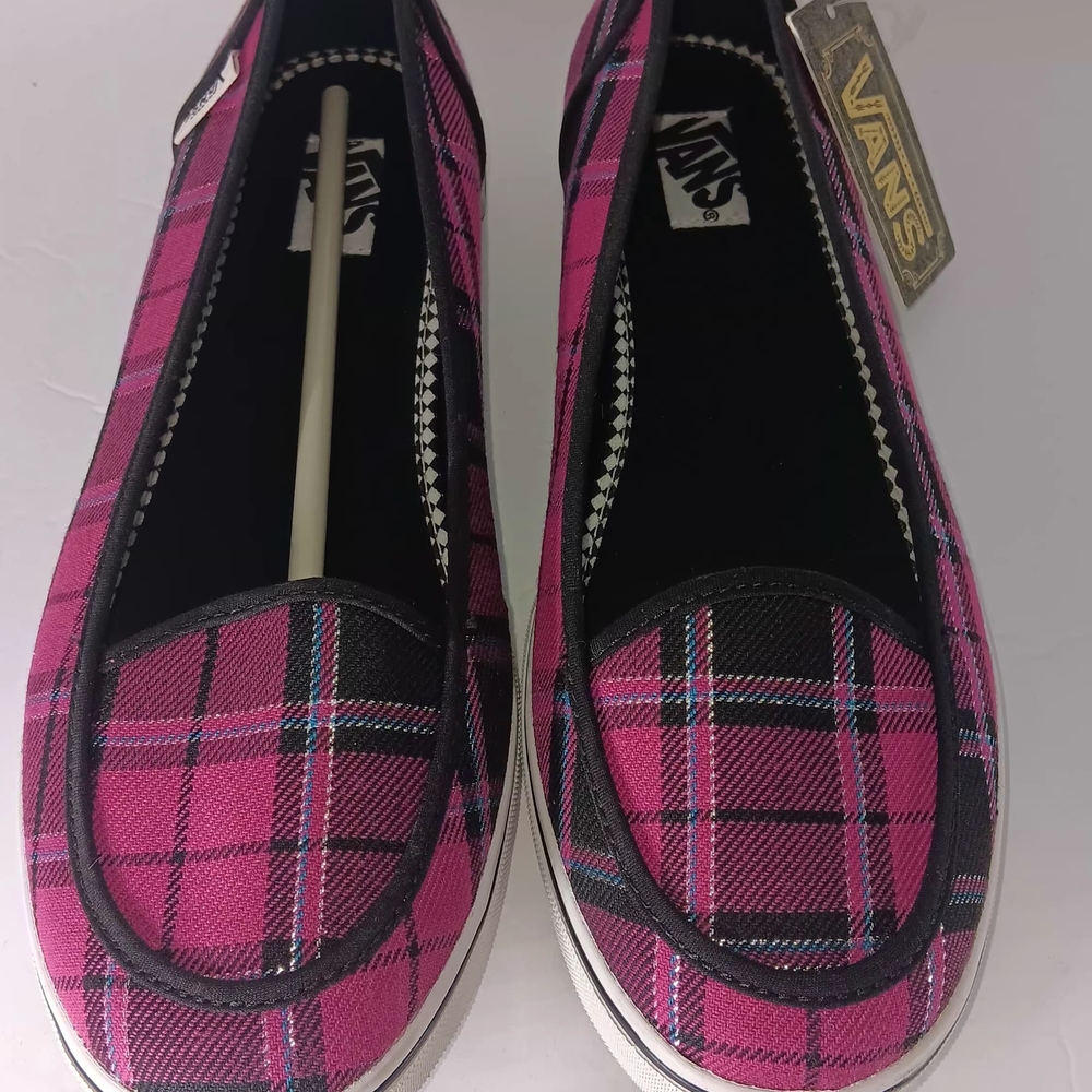 Vans Women's Pink and Black Plaid Flats